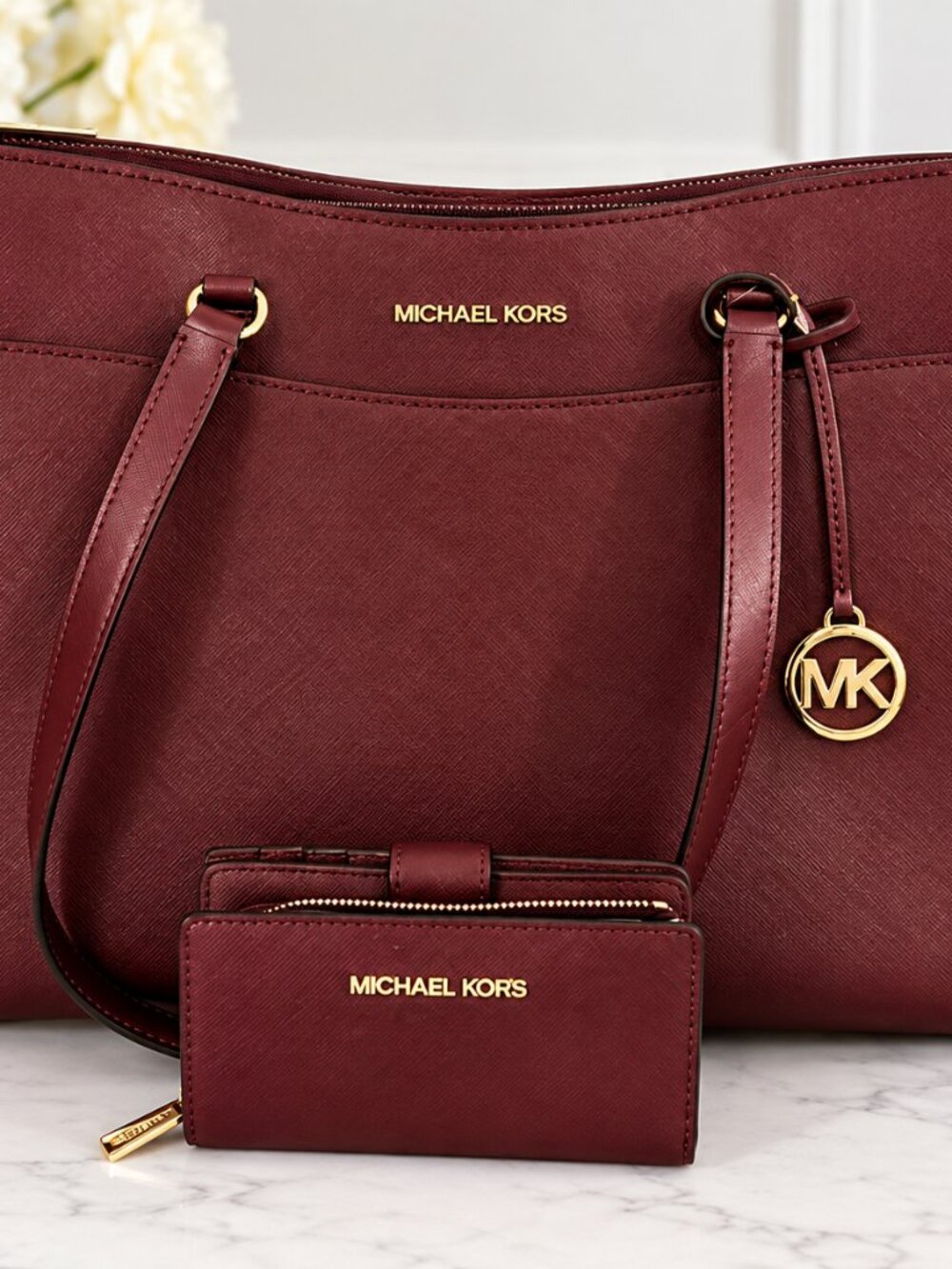 Michael Kors Jet Set Travel Large Multifunction Laptop Tote – Oxblood – With Tra
